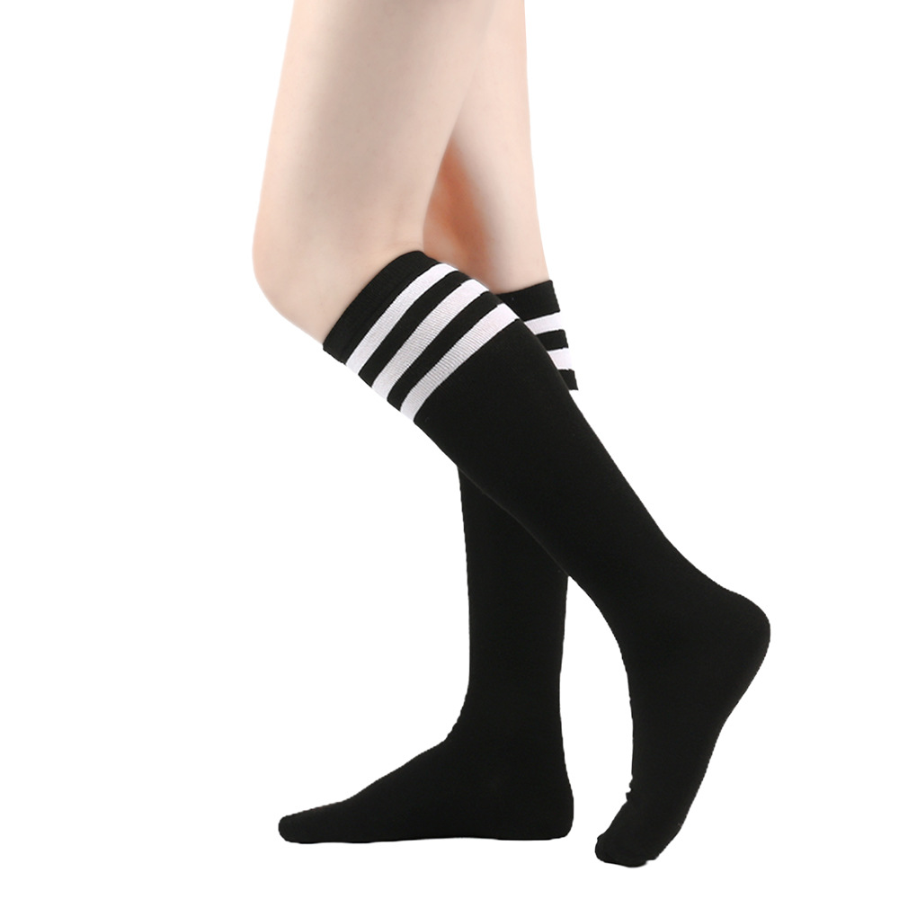 Cross-border summer three-bar mid-tube socks ladies black cotton knee-high socks striped socks European and American performance socks calf socks JK