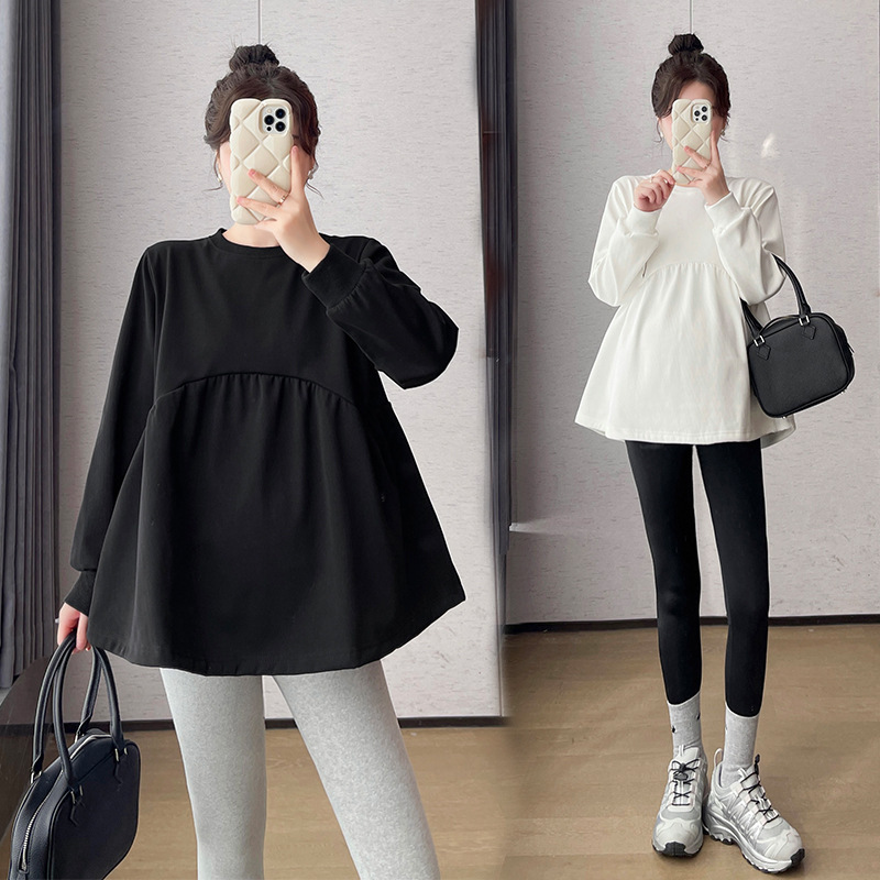 Pregnant Women Autumn and Winter New Korean Color Age-reducing Doll Shirt plus size Slim Belly Covering Long Sleeve Sweater Two-piece Set Fashion