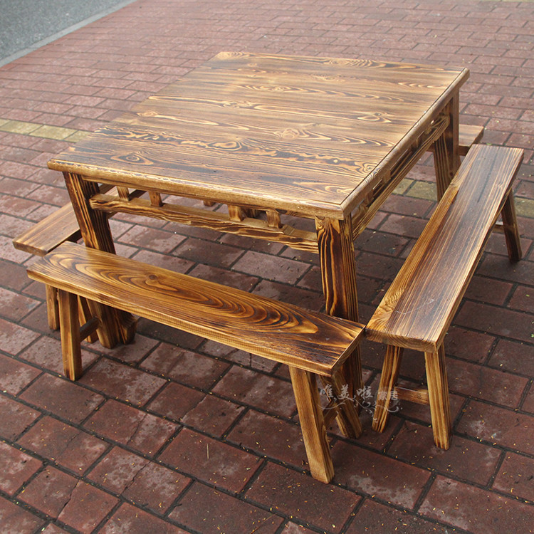 Chinese Solid Wood Pine Charcoal-Fired Dining Table and Chairs, Retro Carbonized Wood Eight Immortals Table and Chairs, Square Square Table and Stools
