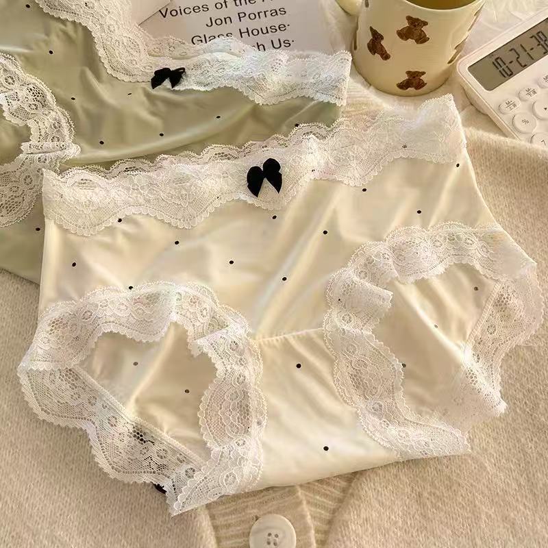 French Retro Style Pure Desire Lace Girl's Polo Dot Briefs Ice Silk Underwear Women's Pure Cotton Crotch Bow Women