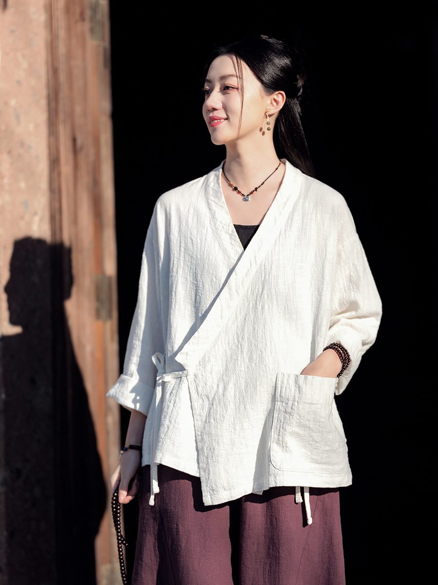 25 Cotton and Linen Women's New Style Retro Zen Slanted Placket Loose Linen Lace-Up Han Dynasty Top Outwear Women's Zen Tea Clothes