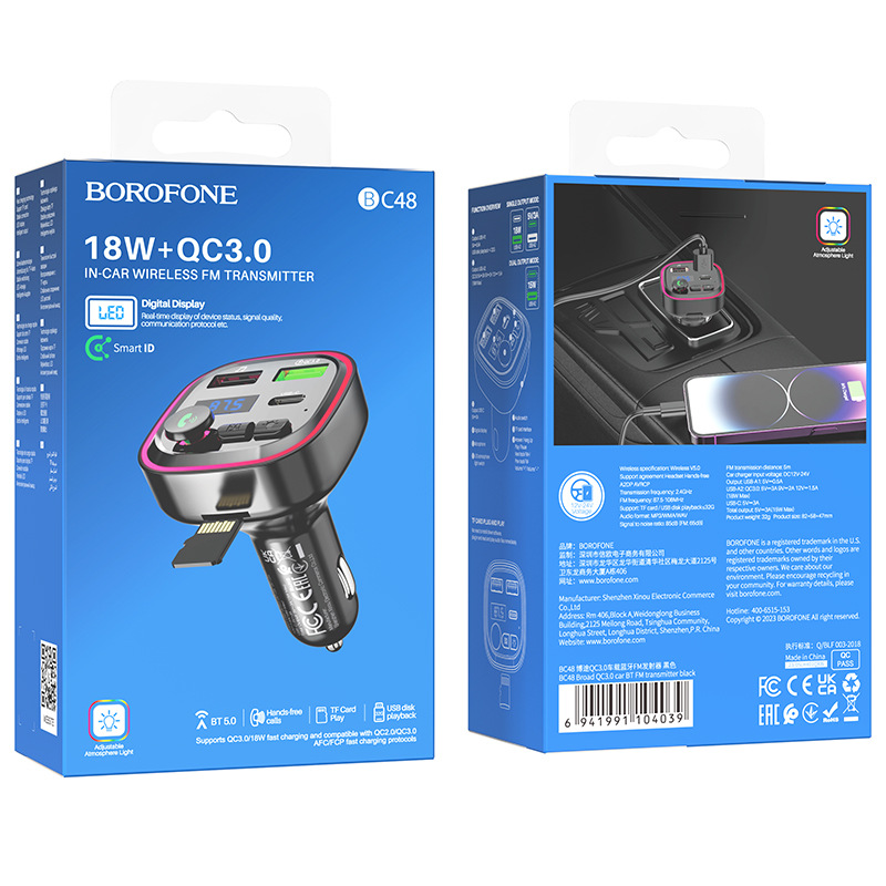 Borofone Bc48 New Qc3.0 Car Bluetooth Fm Transmitter Mobile Phone Charging Bluetooth Receiver