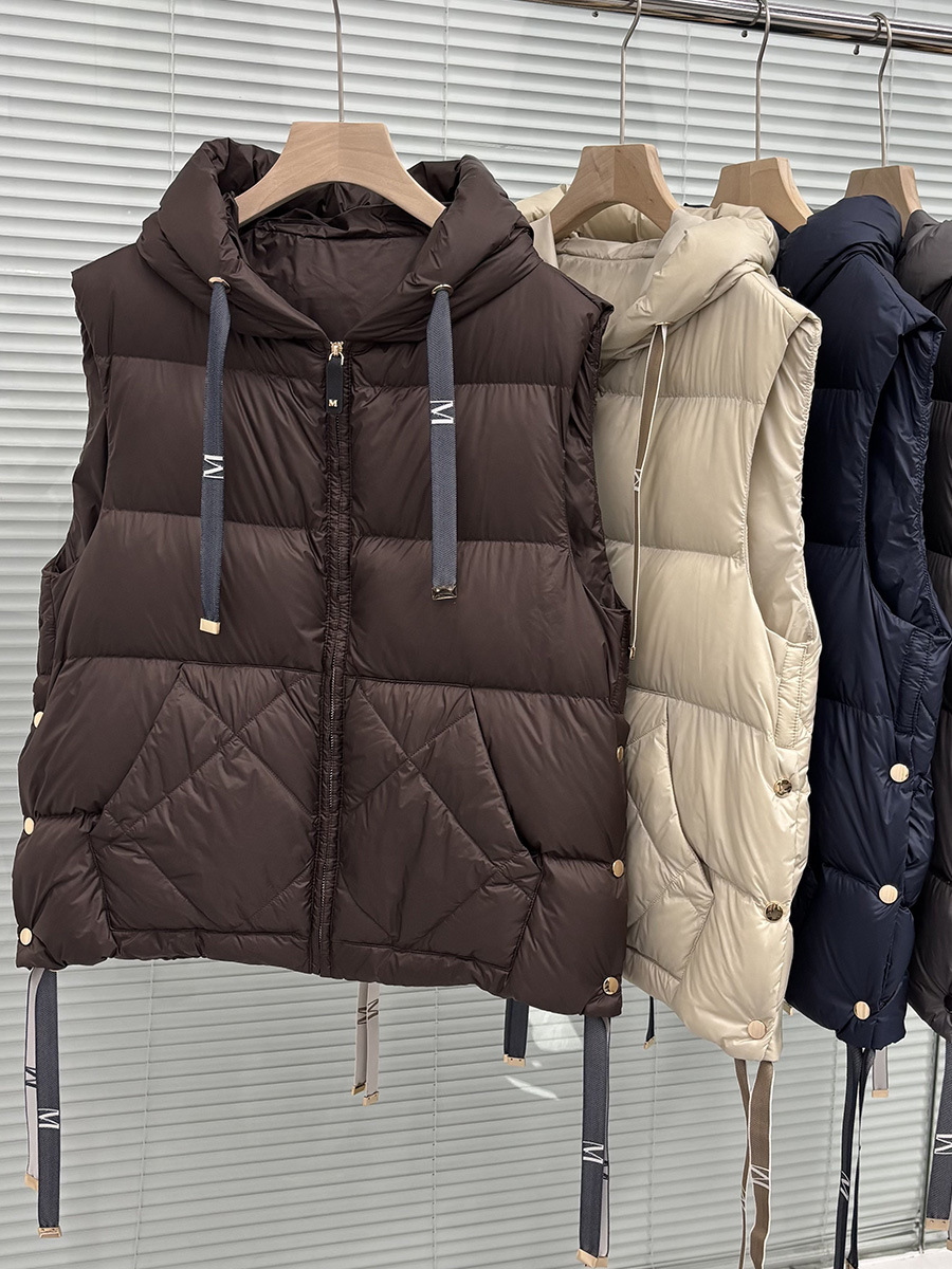2025 Foreign Trade White Duck down Short Hooded Letter Drawstring Vest Autumn and Winter Clothing down Jacket Side Button Coat Trendy