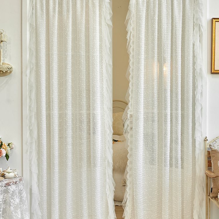 Chanel-Style Solid Color Lace Sheer Curtain, No-Drill Magic Tape Bedroom Bay Window Partition Door Curtain with Rod