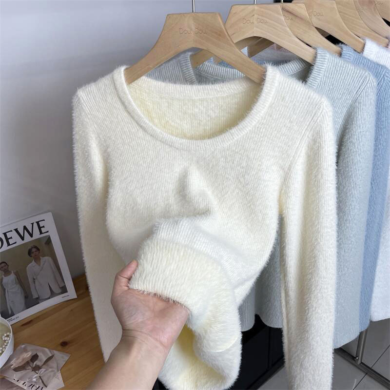 in stock Autumn and Winter Pregnant Women's fleece-lined Thickened Warm Double-sided Mink Fleece Crewneck Base Pregnant Women's plus size Sweater
