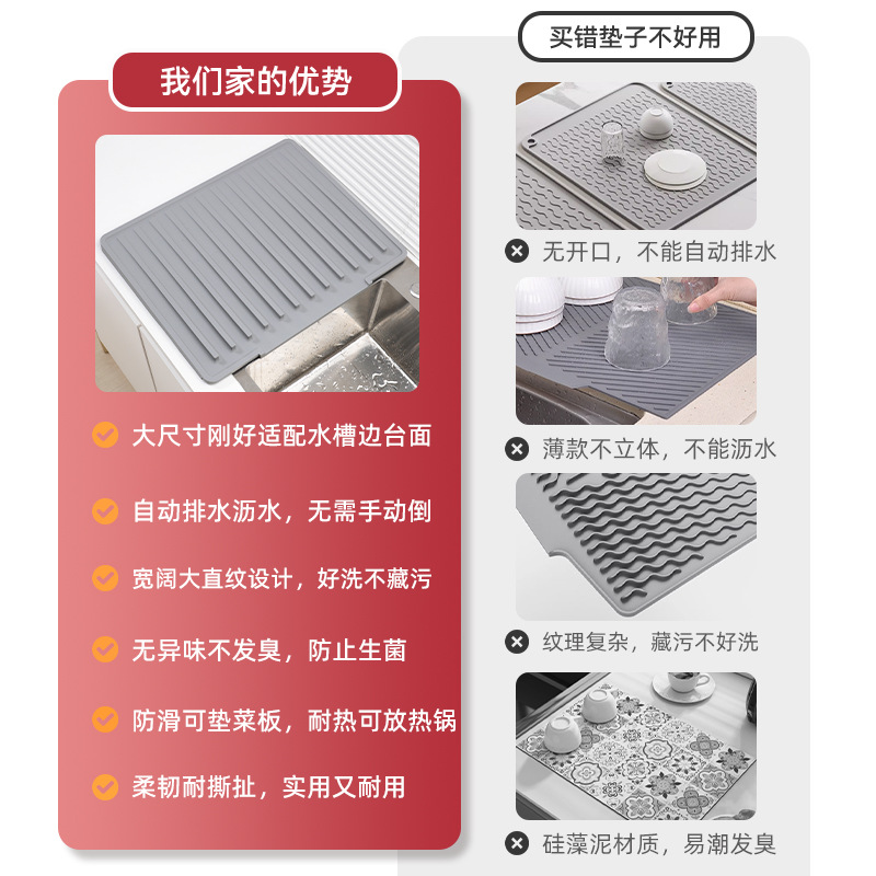 Amazon New Silicone Sink Pad Tableware Drain Pad Large Slope Diversion Drain Pad Dish Drying Water Control
