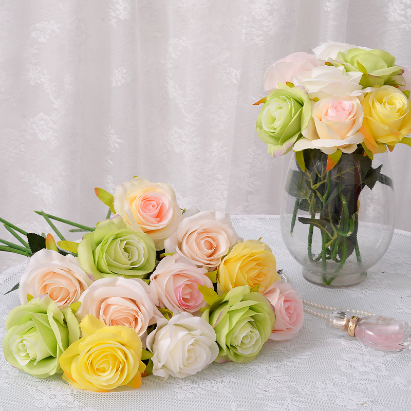 Ice Blue Artificial Rose Single European-Style Elbow Artificial Flower High-End Indoor Decoration Wedding Bouquet