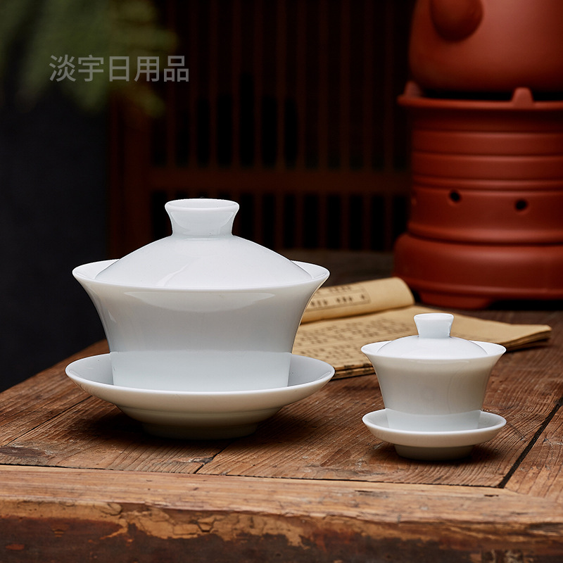 Wholesale White Porcelain Sancai Bowl Ercai Kung Fu Tea Set Large, Medium and Small Pure White Household Tea Bowl Ceramic Tea Cup
