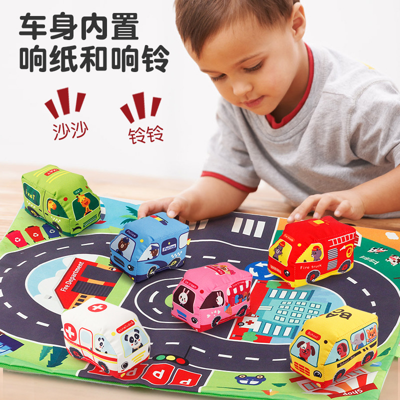 Cross-Border Amazon Infant Toy Cloth Car with Storage Bag Carpet Rattle Paper Transportation Cloth Car Toy
