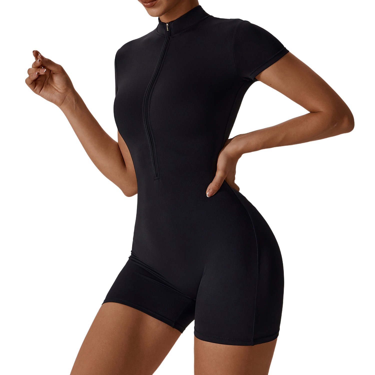 Amazon European and American Summer Zipper Short-sleeved Yoga Bodysuit Women's Dance Fitness Tight Sports Bodysuit Swimsuit