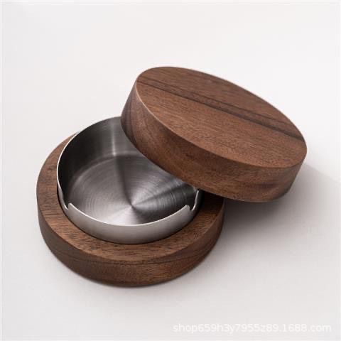 Creative Ashtray with Cover, Anti-Fly Ash, Solid Wood, Stainless Steel, Home Living Room, Bedroom, Office, High-Grade Black Walnut