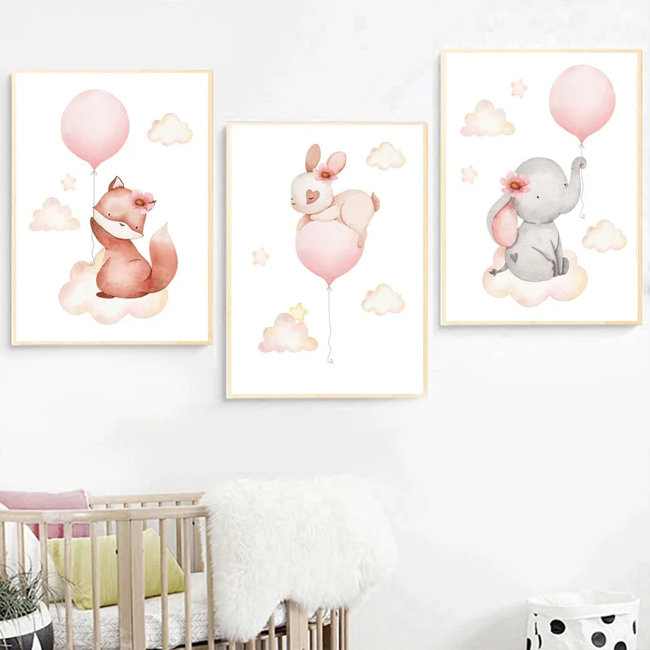Pink cartoon animal watercolor weather rainbow balloon rabbit elephant girl bedroom decorative painting core canvas painting
