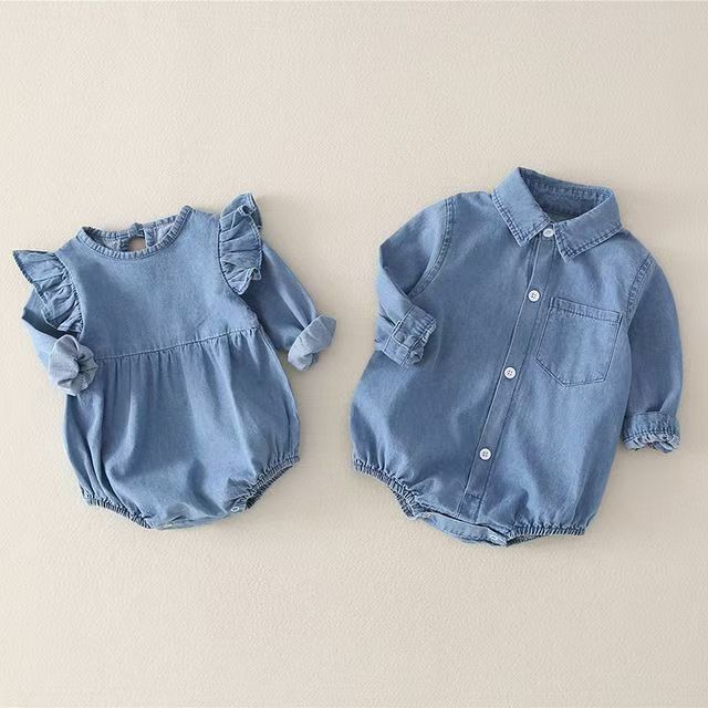 Amazon Autumn and Winter Triangle Long-Sleeved Baby Shirt Collar Denim Brother and Sister Outfit Triangle Crawler Suit