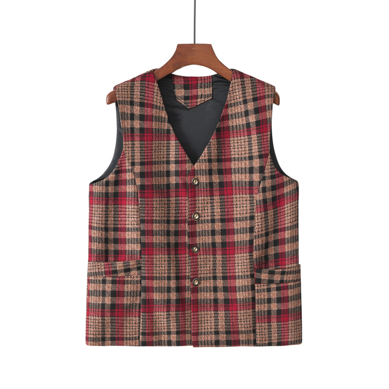 Middle-Aged and Elderly Mothers Wear Plaid Vests, Vests, and Waistcoats; Mother's Clothing with a V-Neck and Single-Breasted Plaid Vest for Mothers