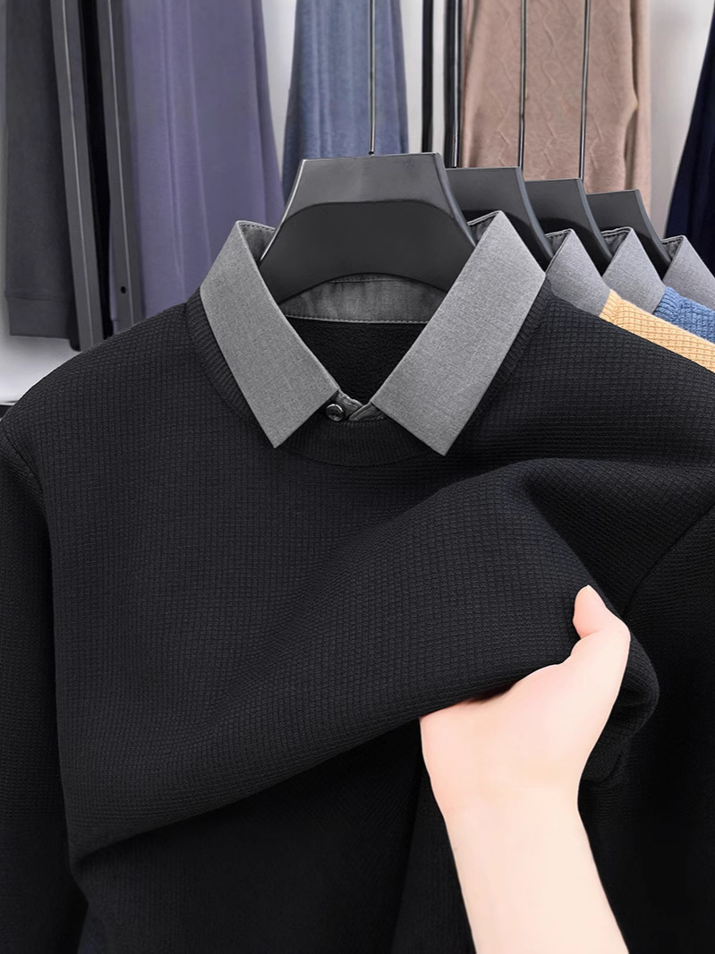 Men's Autumn and Winter fleece-lined Thickened Wool Fake Two-piece Sweater Men's Fashion Korean Casual Base Sweater Shirt