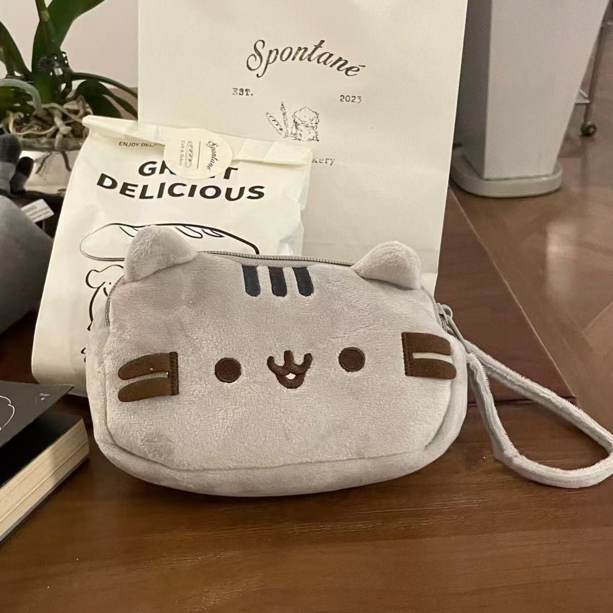 Cute Fat Cat, Gray Cat Plush Pencil Bag, Large Capacity Student Stationery Desktop Storage Bag