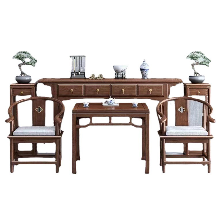New Chinese-Style Solid Wood Six-Piece Hall Set with a Walnut Altar Table and Eight Immortals Table for Rural Home Use