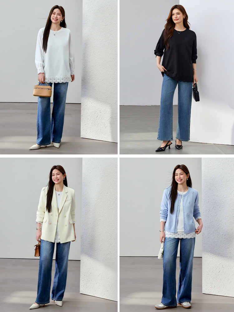 [Fashion Lace Stitching Design Sense Slim T-Shirt] Slim Show plus size Women's Fat mm2025 Spring New