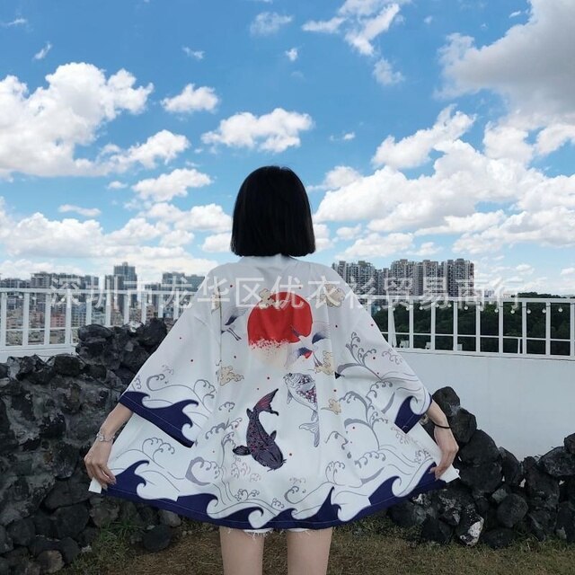 2024 Cross-border New Japanese Koi Digital Printed Kimono Men's and Women's Cloak Jacket Pajamas Cardigan Summer