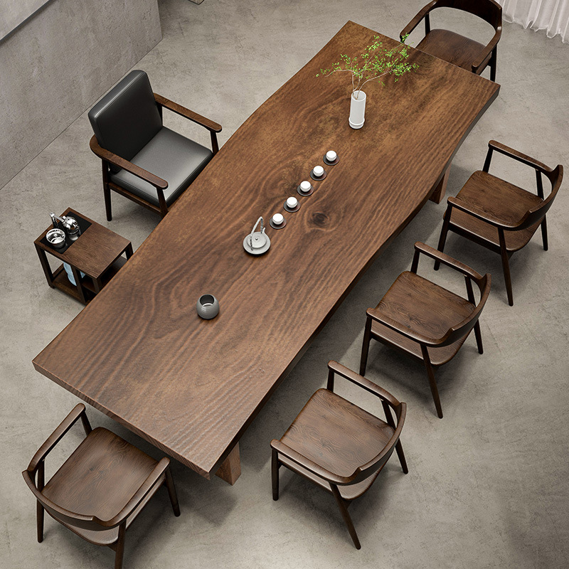 New Chinese style solid wood tea table full set household bedroom tea table simple log large board office living room tea table and chair