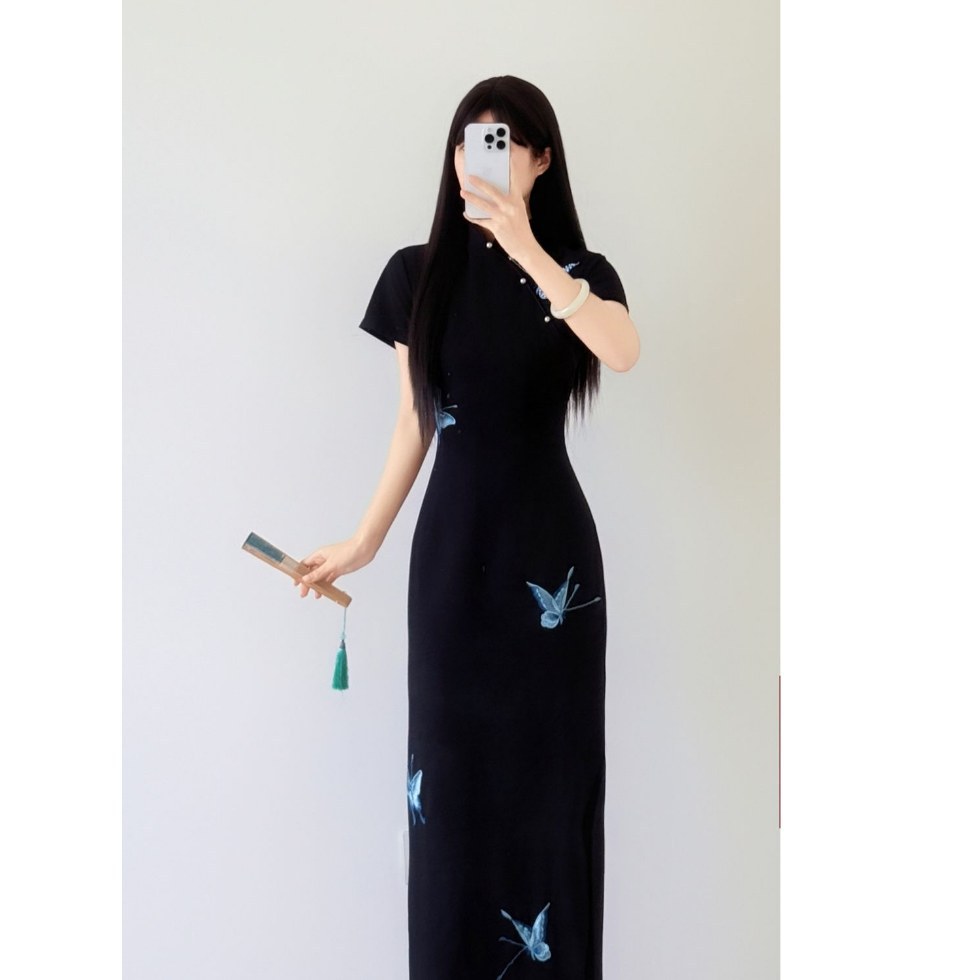 [Moss butterfly sleep 2.0] butterfly improved cheongsam embroidery girl temperament slim slim everyday black dress