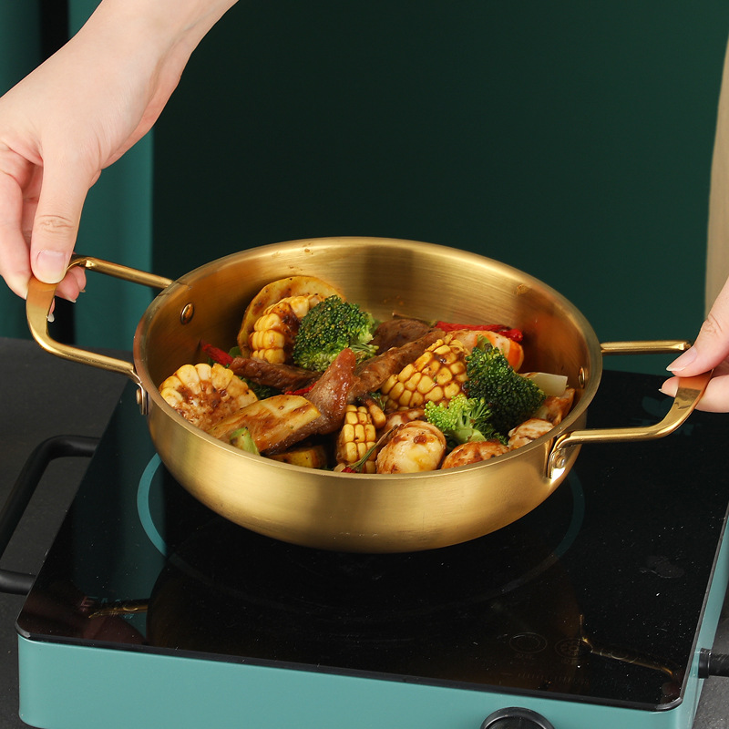 Cross-border Stainless Steel Seafood Pot Binaural Flat-bottom Dry Pot Fried Chicken Fries Crayfish Plate Korean-style Golden Lamian Noodles Pot