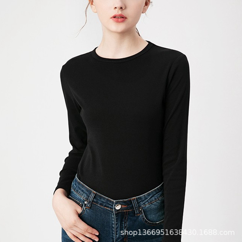 Autumn Heavy-Weight Imported Peruvian Cotton Round-Neck Long-Sleeve T-Shirt for Women, White All-Cotton Slim-Fit Korean Style Inner Layer Base Shirt