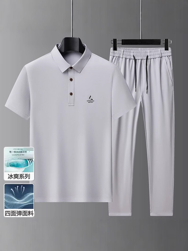 Summer ice silk stretch high-end seamless men's polo shirt suit thin short sleeve lapel middle-aged T-shirt business break