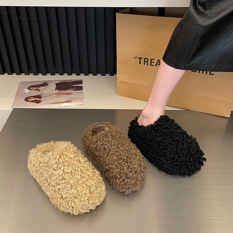 plus size Thick-soled Curly Wool Slippers Women's Autumn and Winter Outfit 2025 New Korean Style Slippers