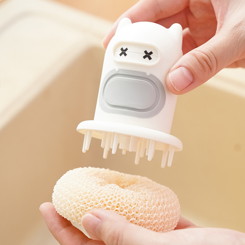 Pot Cleaning Tool Kitchen Cartoon Press-Type Brush Creative Automatic Liquid-Adding Little Monster Brush Nano Fiber Cleaning Ball