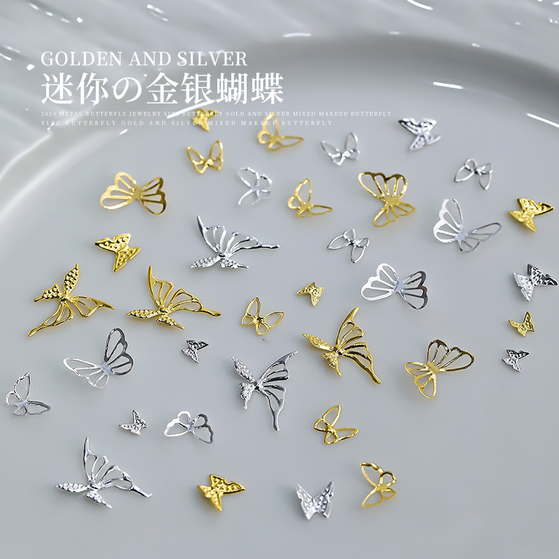 Nail art accessories gold silver size alloy butterfly three-dimensional light luxury hollow shaped all-match nail art accessories wholesale