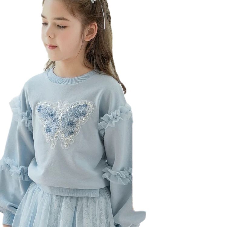 Autumn and Winter Children's Clothing Girls' Sweatshirts Lace Medium and Large Children's Long-Sleeved Mesh Fungus Princess Little Girl Fashionable