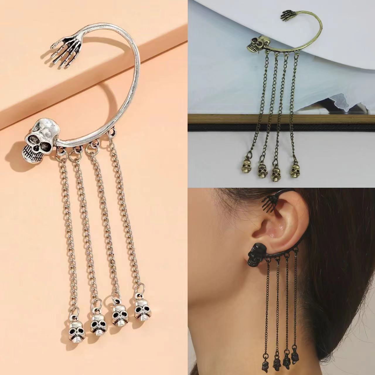 Yanni Cross-Border New Product Manufacturer New European and American Punk Rock Style Ghost Hand Halloween Skull Su Ear Hanging Earrings