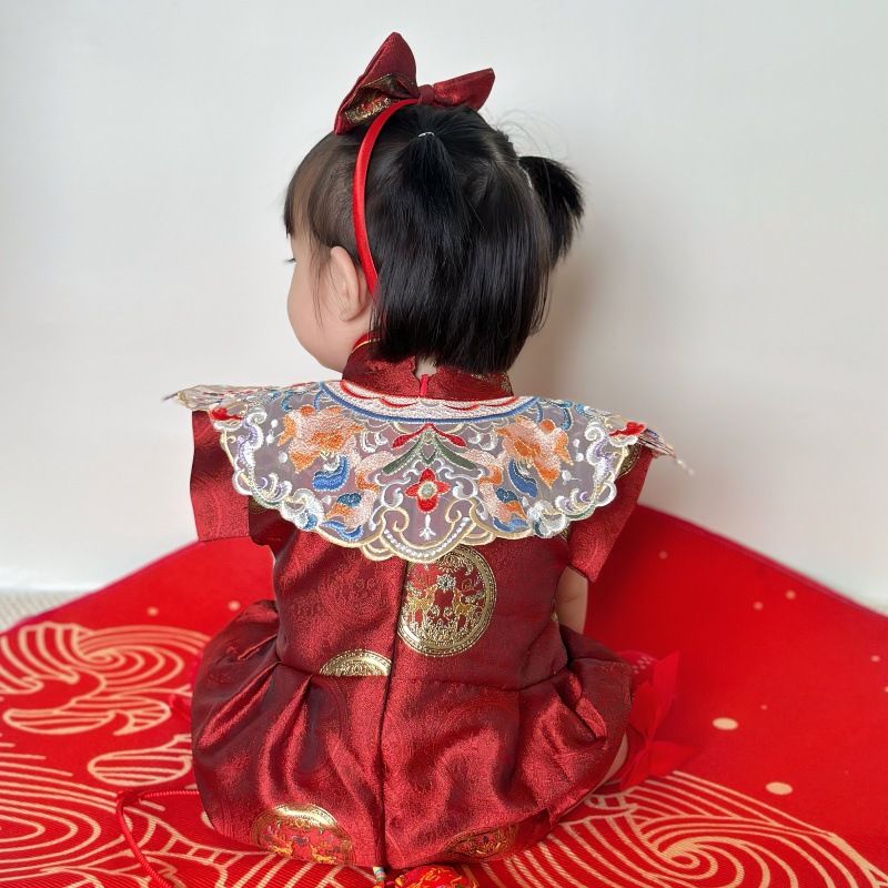 Summer Baby Tang Suit Year-old Dress Baby Girl's Chinese Style Crown Dress Year-old Birthday Banquet Dress Guofeng Cloud Shoulder Climbing Dress