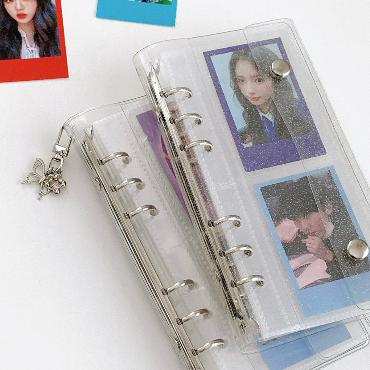 Korean-Style Ins Narrow A6 Loose-Leaf Cover with Double Buckle Transparent Glitter Card Album Life Four-Grid Storage Planner Cover