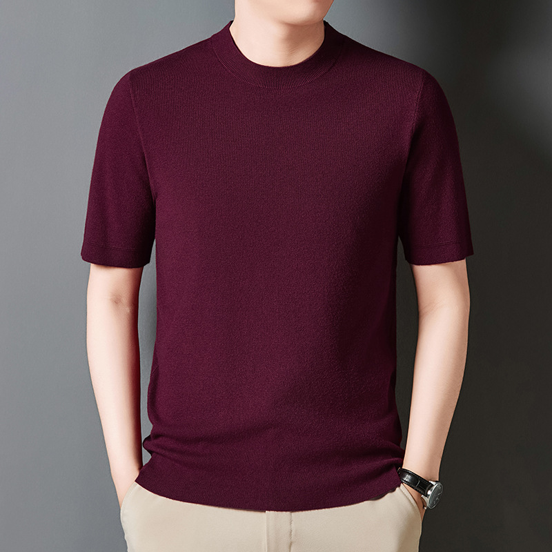 Worsted Wool Round Neck T-Shirt Not Pilling Soft High Quality Men's Short Sleeve Knitted T