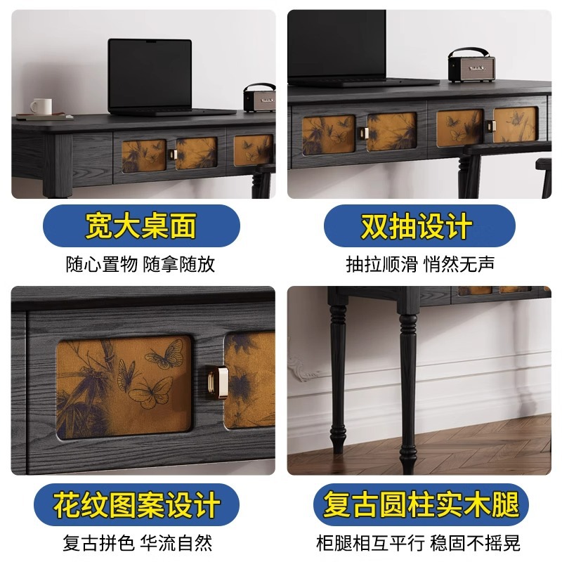 French Style Vintage Desk Xiangyun Yarn Black Dressing Desk Writing Desk Integrated Ash Solid Wooden Leg Computer Desk for Home