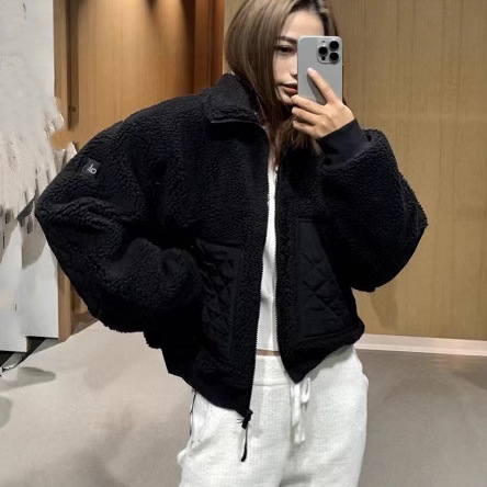 Alo Same Style 25 Autumn/Winter New Lamb Wool Short Coat Thickened Warm Stand Collar Zipper Jacket Cotton Coat