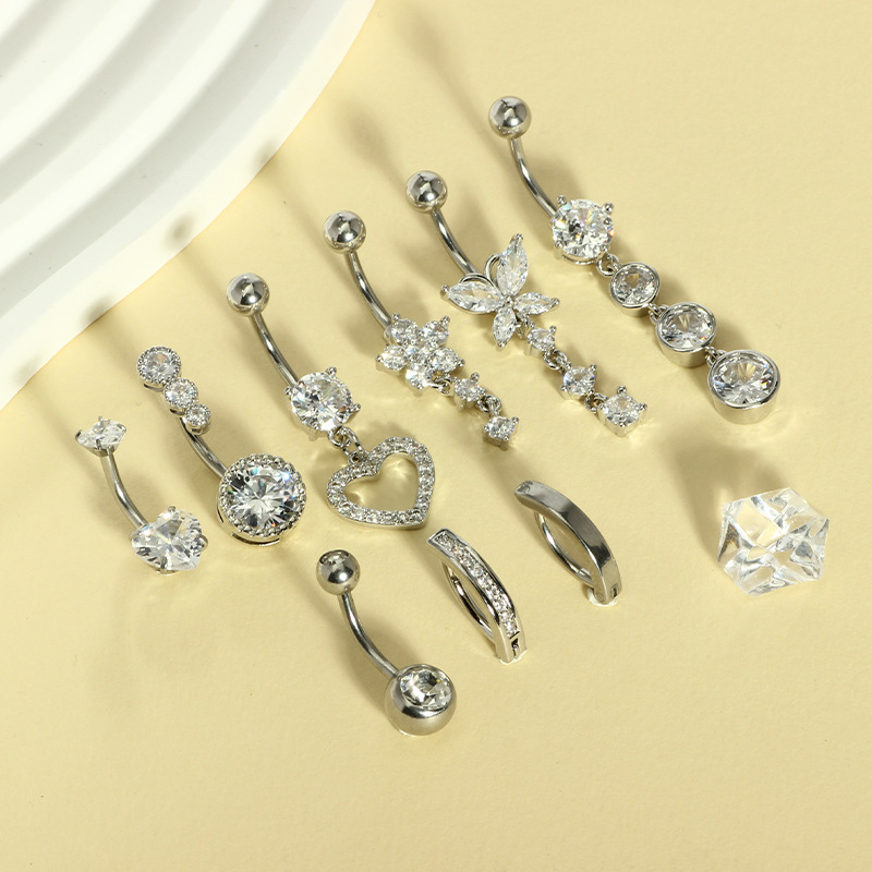 Fashion European and American Nine-Piece Stainless Steel Zircon Double-Headed Smooth Navel Ring Piercing Jewelry Foreign Trade E-Commerce Jewelry