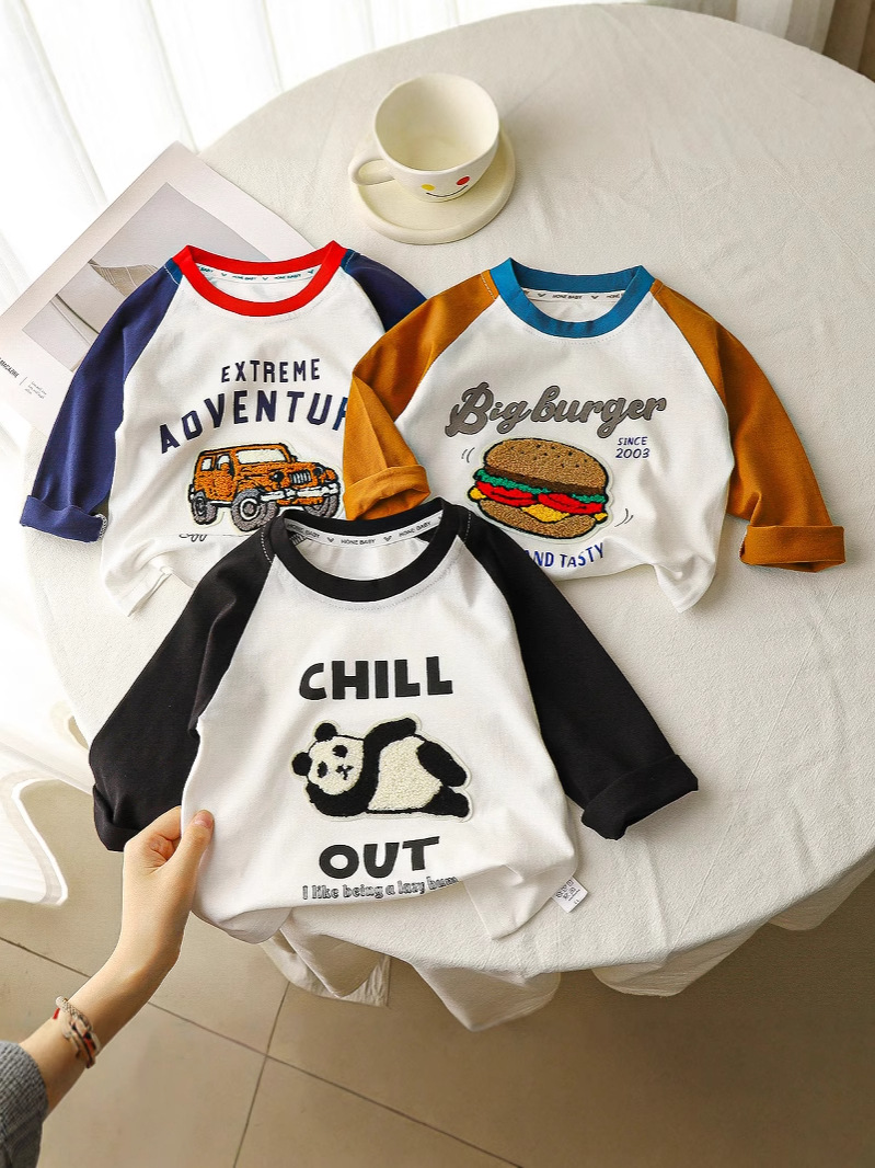 2025 New Spring & Fall Patch Kidsren's Clothing Boys' T-Shirts Long-Sleeved Spring Cotton Bottoming Shirts Kidsren's Multi-Color Boys