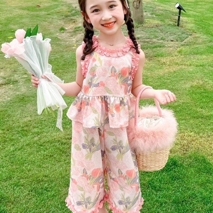 Girls' Floral Lightweight Outfit 2025 Baby Summer Vest and Wide-Leg Pants Two-Piece Set Children's Fashionable Summer Clothing for Toddlers