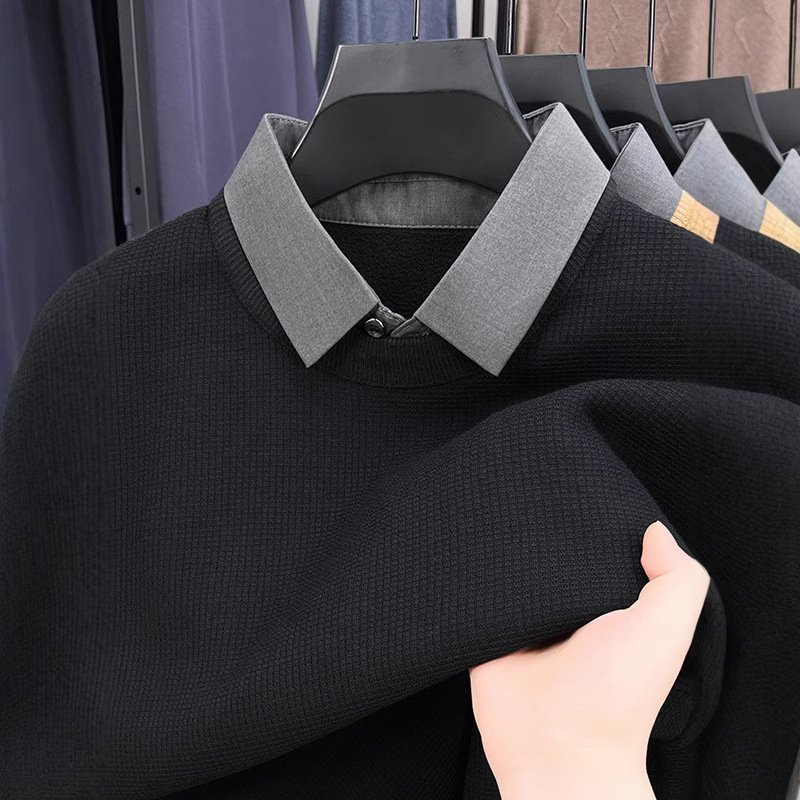 Winter fleece-lined Thickened Fake Two-piece Sweater Middle-aged Men's Fashion Shirt Collar Casual Base Knitted Warm Top