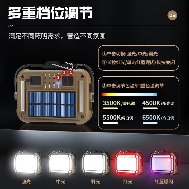 Cross-border new solar work lamp Type-C charging with hook magnetic camping multi-function light projection work lamp