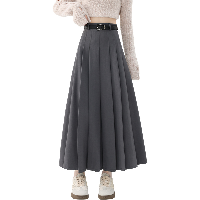 Skirt Women's Autumn and Winter High Waist Slim Pleated Skirt Belt Large Swing High Waist Suit Elegant and Fashionable Mid-Length Skirt