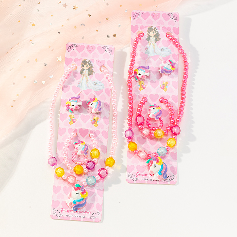 Children's Cartoon Unicorn Resin Necklace Bracelet Four-piece Set Ring Earrings Girls Flower Set Wholesale