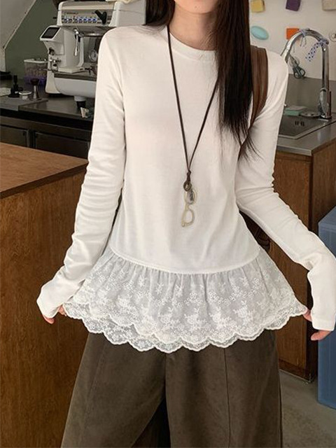 White Lace Inner Layering Shirt for Women 2025 Autumn and Winter Layered Korean Fashion Long-Sleeved T-Shirt Top