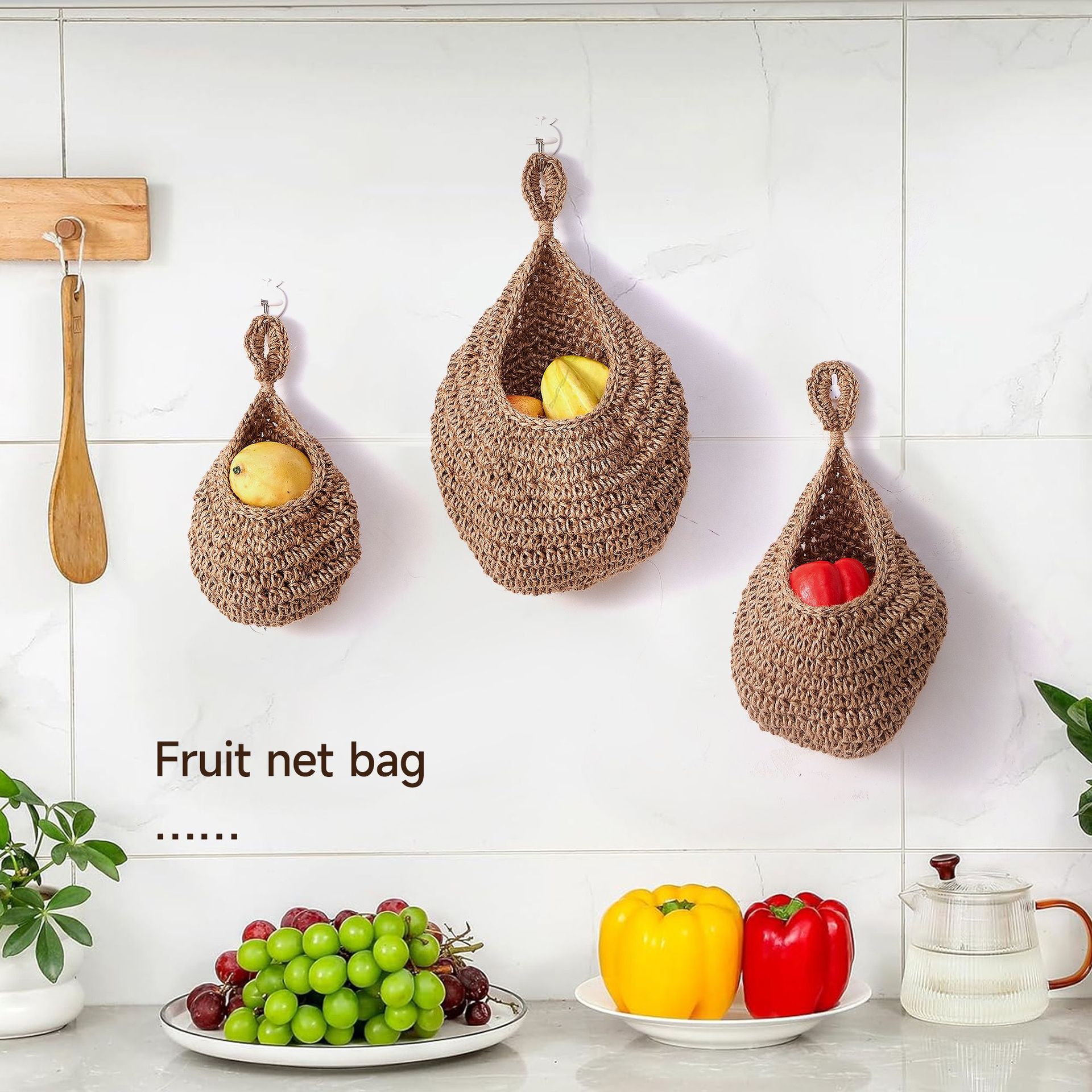 Ручная работа, вязаная из хлопкового каната, настенная подвеска, корзина для хранения овощей и фруктов