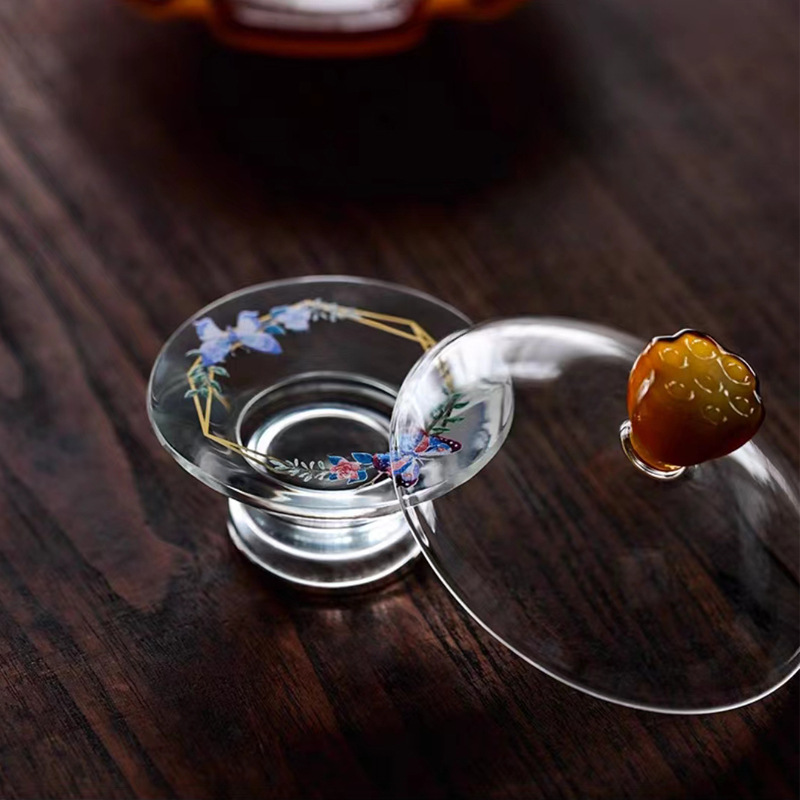 Butterfly Crystal Glass Lid High End Cover Bracer Creative Tea Ceremony Ornaments Tea Pot Lid Bowl Lid Tea Set Accessories