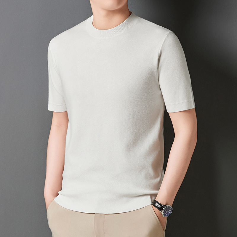 Worsted Wool Round Neck T-Shirt Not Pilling Soft High Quality Men's Short Sleeve Knitted T