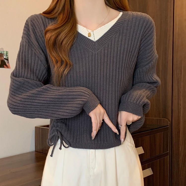 Plus-Size Knit Sweater, Fashionable, Age-Reducing, Versatile, Slimming, V-Neck, Long-Sleeve, Faux Two-Piece, Drawstring, Long-Sleeve, Loose, Slimming